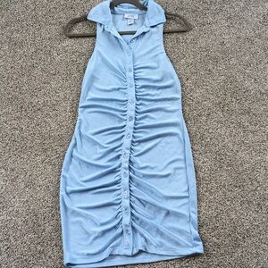 Sleeveless Collared Ruched Button-Front Mini Dress in Light Blue
